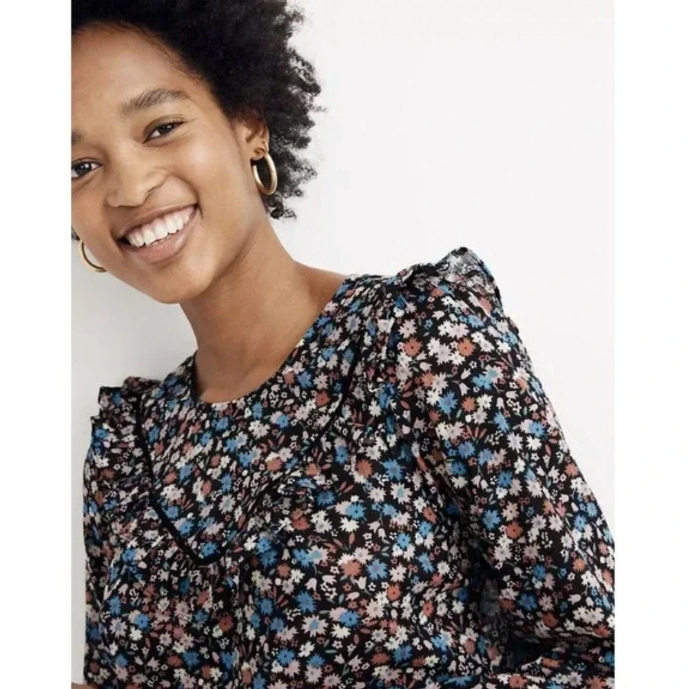 Madewell Ruffle-Yoke Puff Sleeve Prairie Top Spring Prairie Black Floral Size XL